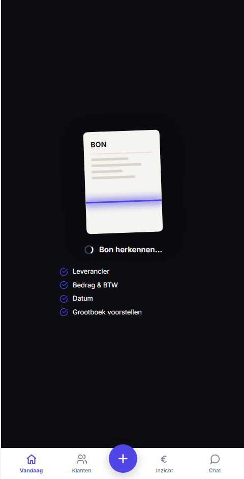 Bon-upload op de telefoon met AI-herkenning van bedrag en BTW