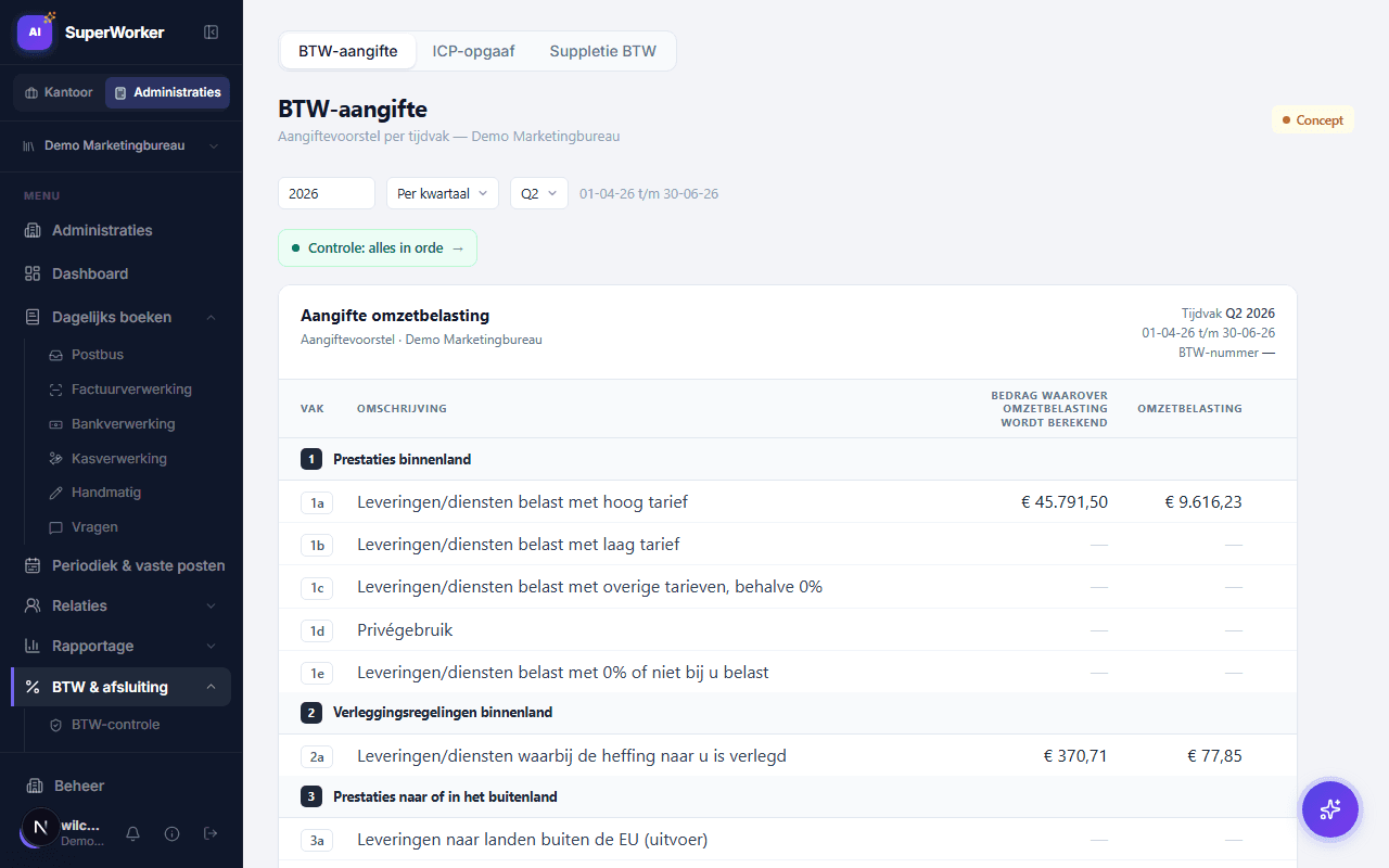 BTW-aangifte als formulier-document met drill-down naar de onderliggende boekingen