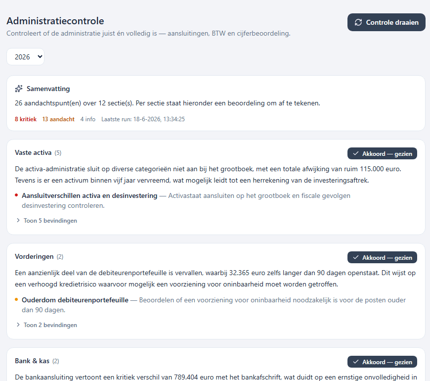 Administratiecontrole met sectie-conclusies en signalen per administratie