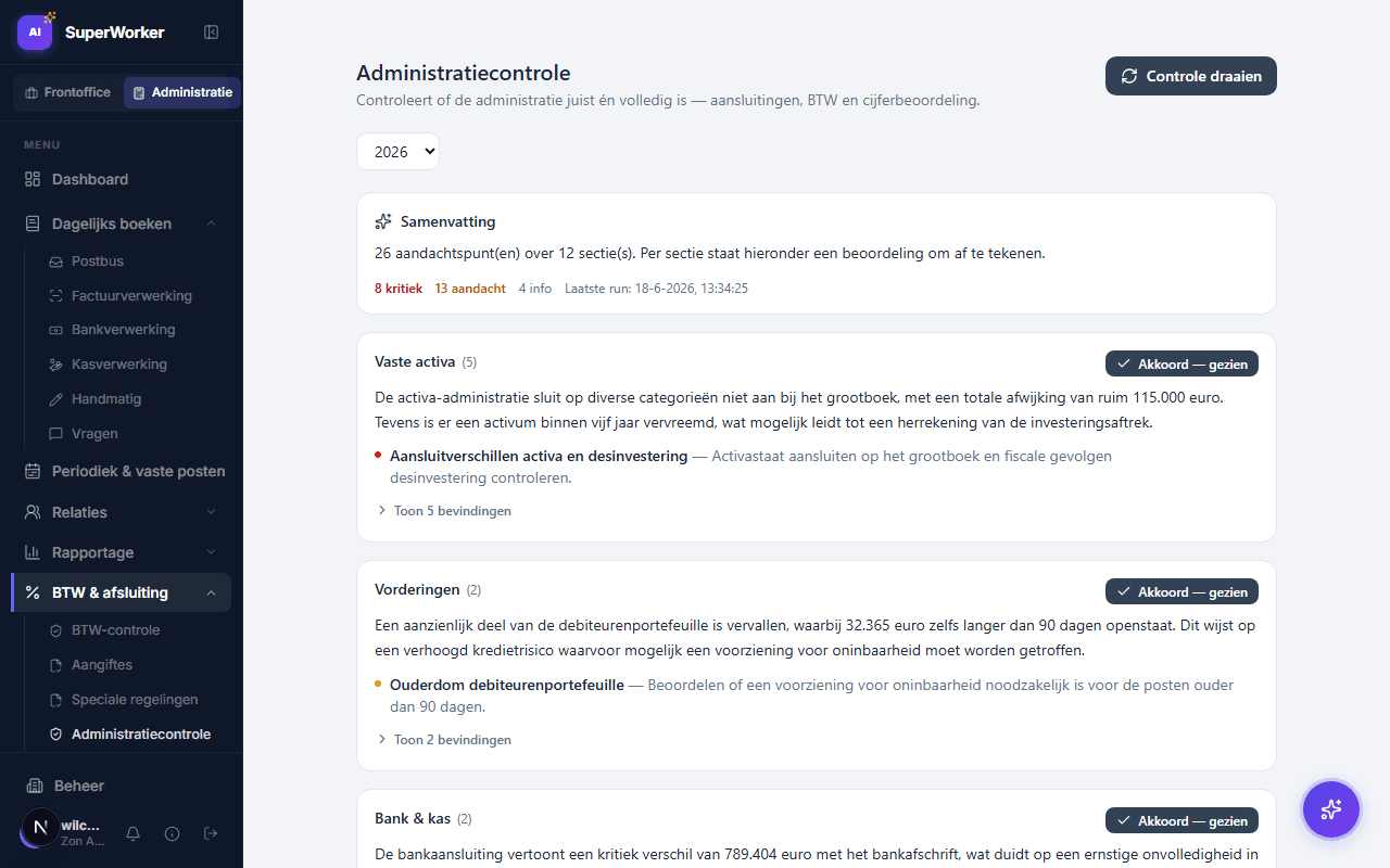 Administratiecontrole met sectie-conclusies en signalen per administratie