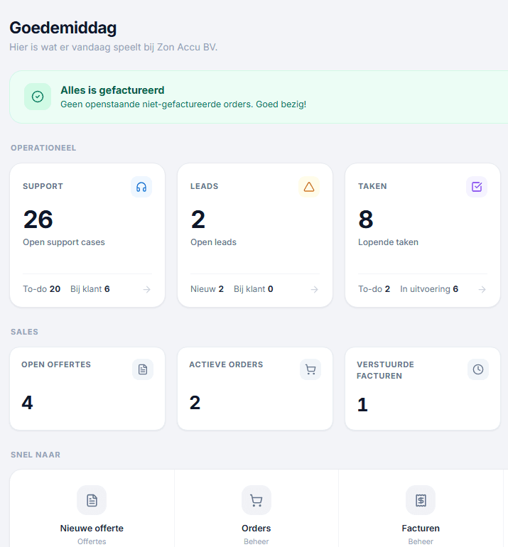Het Superworker-dashboard met kerncijfers, acties en openstaande facturen